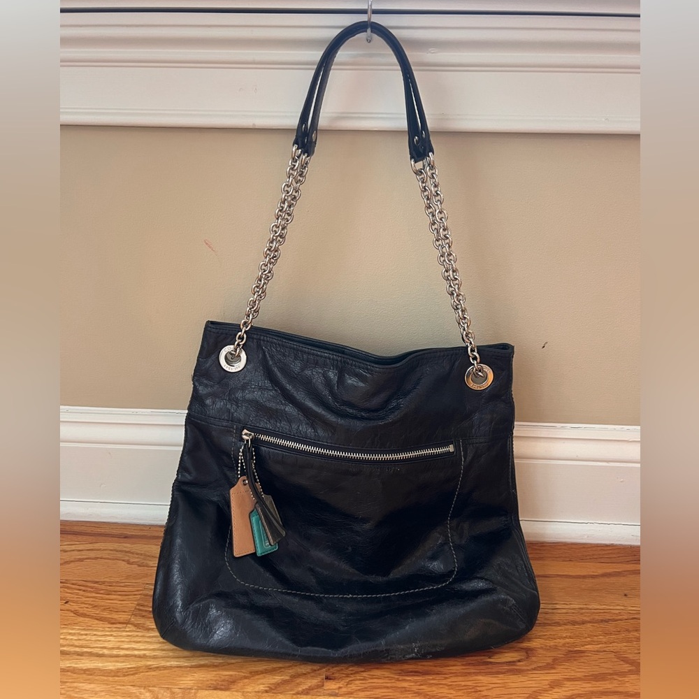 Coach Poppy Black Crackle Leather Teal Slim Tote w/ Sliding Chain, H1221 21199